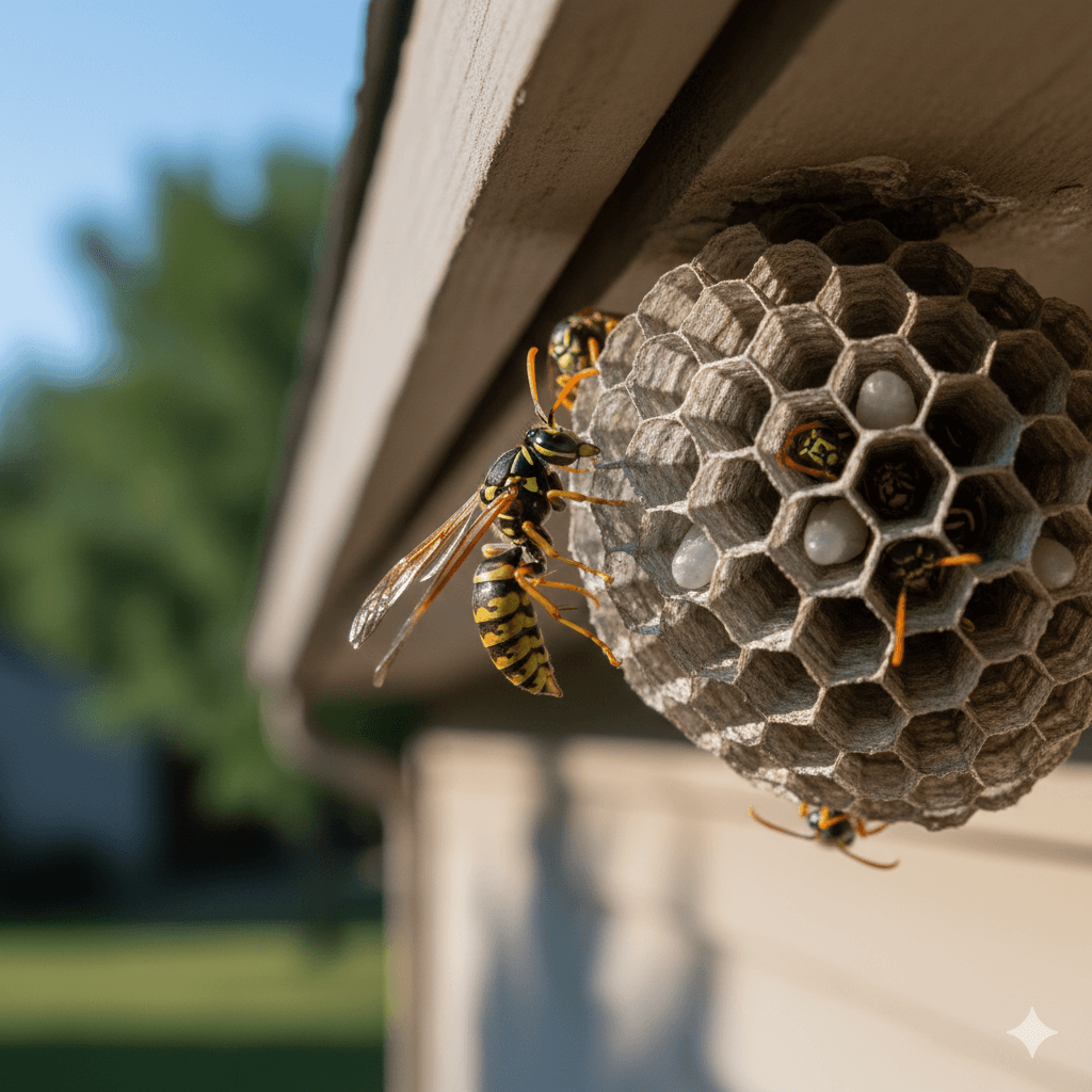 Paper wasp nest and wasp activity showing aggressive territorial behavior
