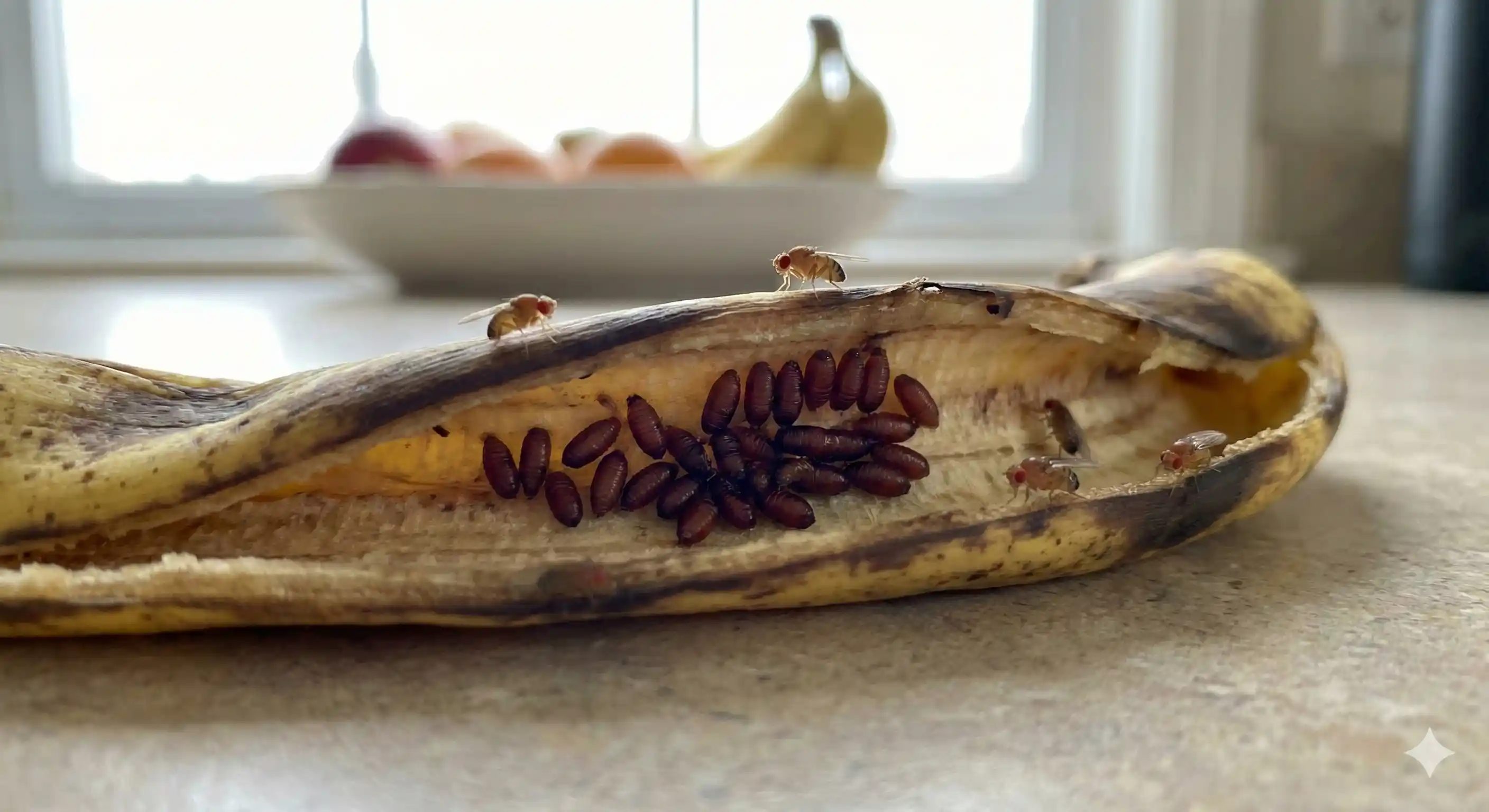 Fruit fly pupal cases near breeding site