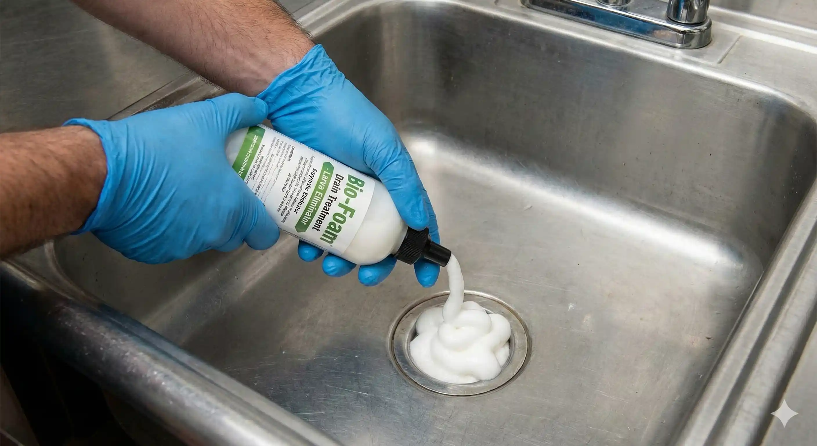 Professional applying enzymatic drain treatment for fruit fly larvae elimination