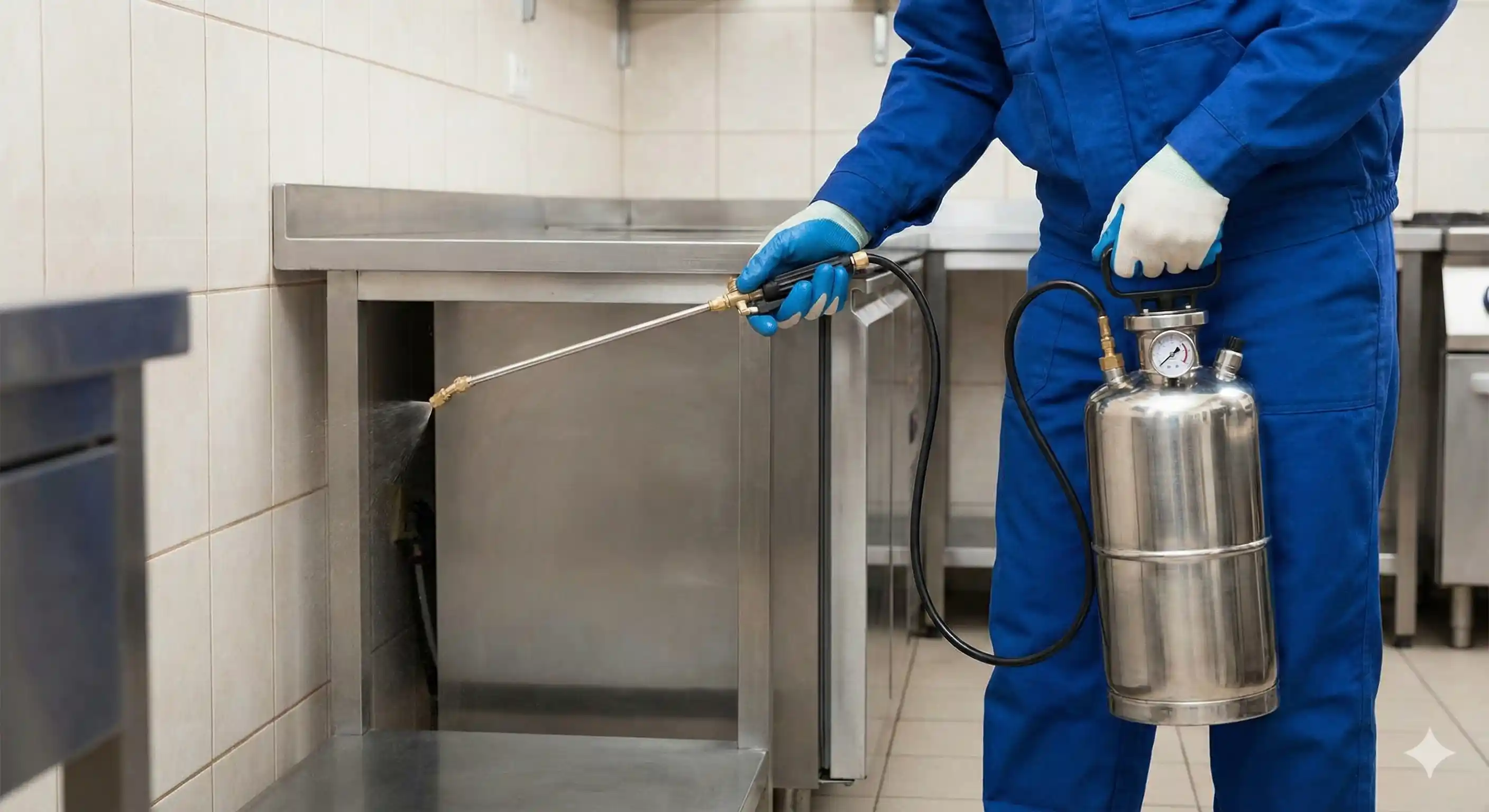 Technician applying targeted liquid treatment to fruit fly harborage areas