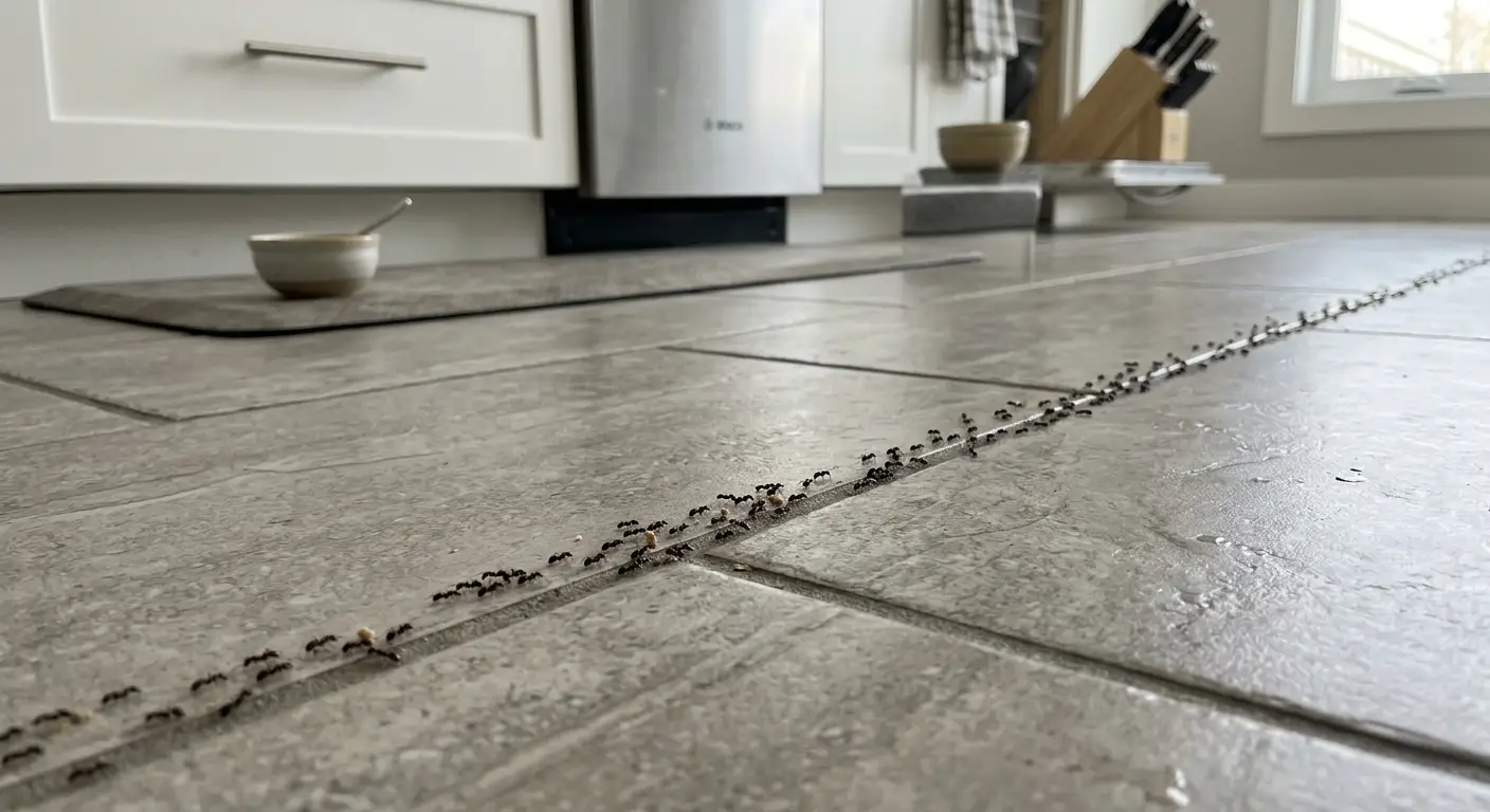 Ant trail along a kitchen baseboard searching for food
