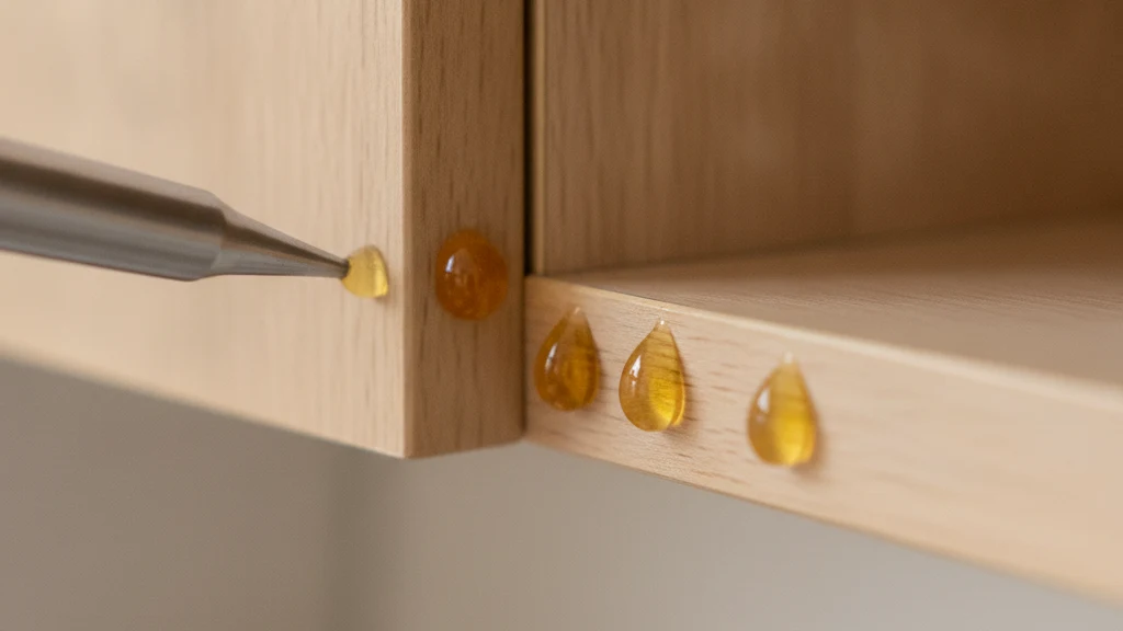 Cockroach gel bait Amber gel bait applied as small beads along the inside edge of a wooden cabinet with an applicator tip in frame
