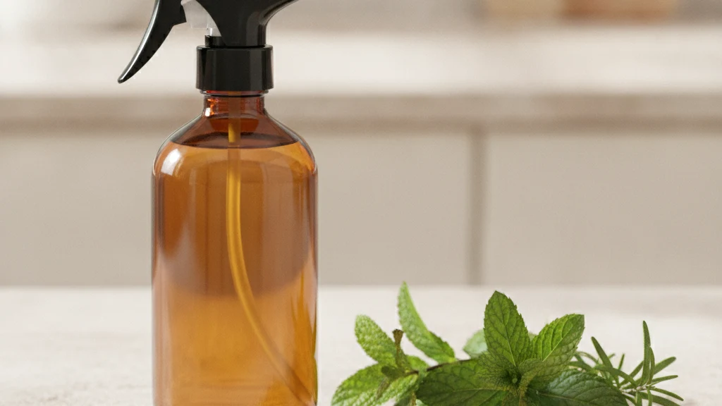 Essential oil repellent spray Amber glass spray bottle beside fresh mint and rosemary sprigs on a kitchen counter