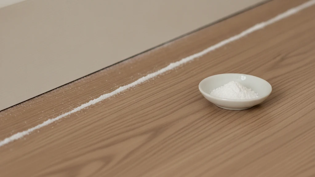 Powder dusted along a baseboard Thin line of fine white powder dusted along the base of a baseboard beside a small dish of the same powder