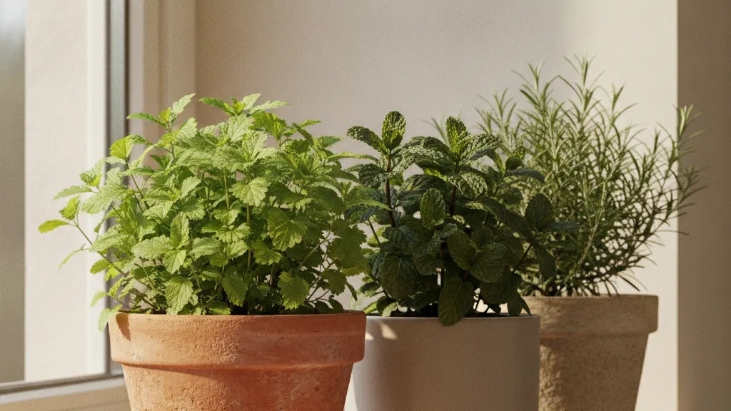 Cockroach repellent plants Potted catnip, mint and rosemary grouped on a sunlit windowsill