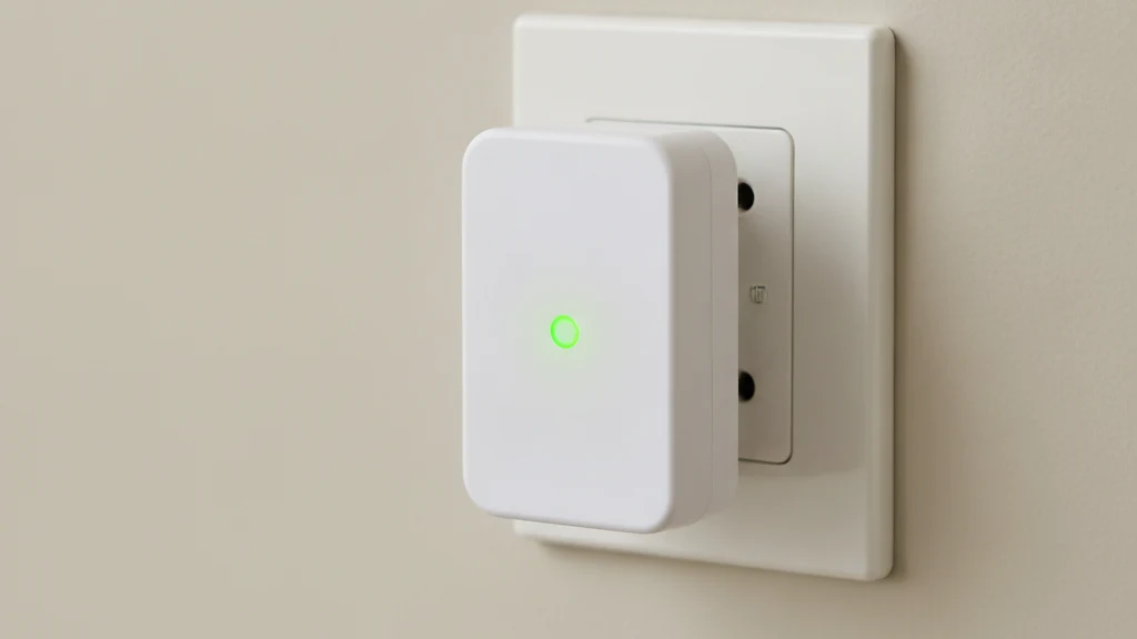 Ultrasonic pest repeller White ultrasonic plug-in pest repeller in a wall outlet with its indicator light lit