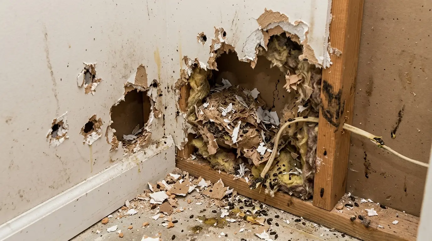 Mouse gnaw hole in drywall showing signs of a wall infestation