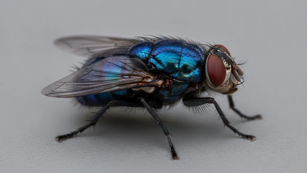 Blow fly Metallic blue bluebottle blow fly on a neutral gray surface