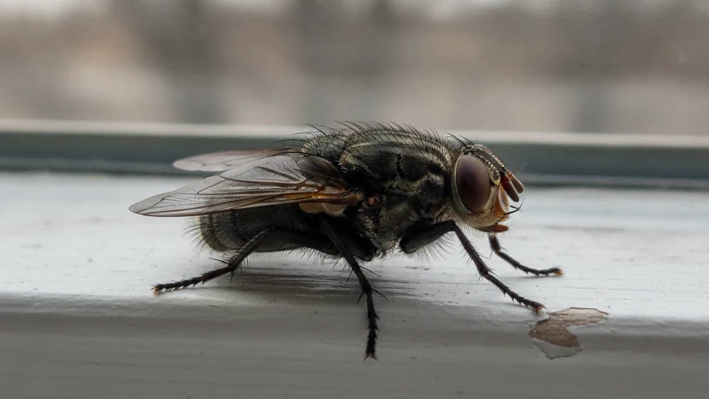 Cluster fly Cluster fly on a window frame showing the short golden hairs on its thorax