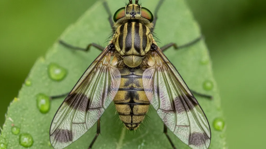 Deer fly Deer fly with dark patterned wings and a greenish-yellow striped thorax