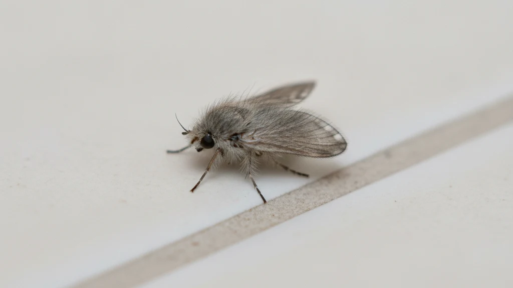 Drain fly Drain fly on a tiled wall with its furry wings held roof-like over its body