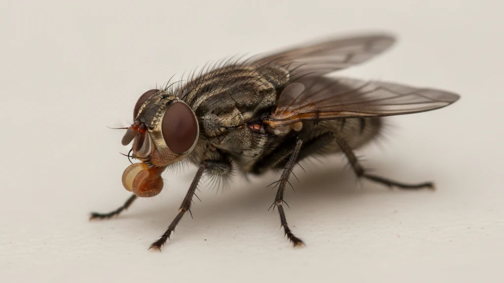 False stable fly False stable fly showing its dark gray body, dull reddish back marking and sponging mouthparts