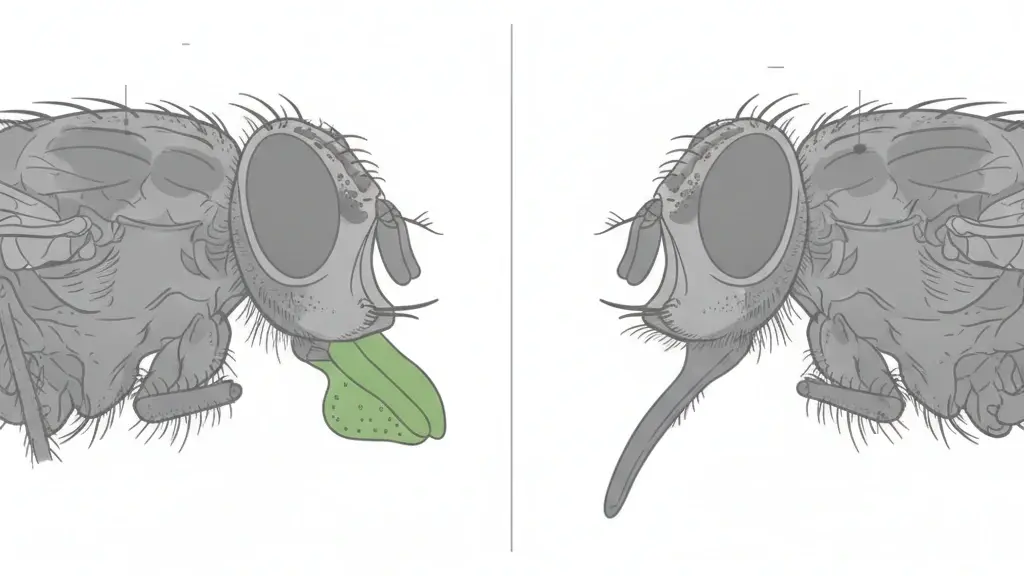 Fly mouthparts comparison Diagram comparing a house fly sponging mouthpart with a stable fly piercing proboscis