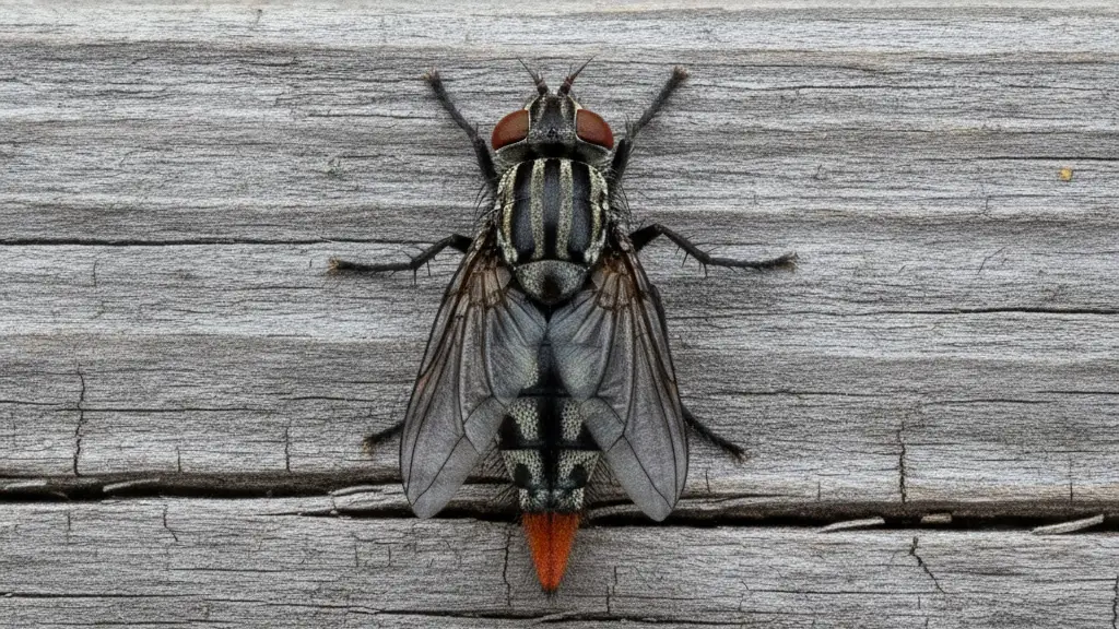 Flesh fly Flesh fly showing three dark stripes on a gray thorax and a reddish abdominal tip
