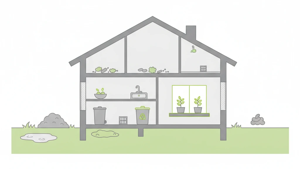 Fly breeding sites Cutaway illustration of a home showing where each type of fly breeds, indoors and outdoors