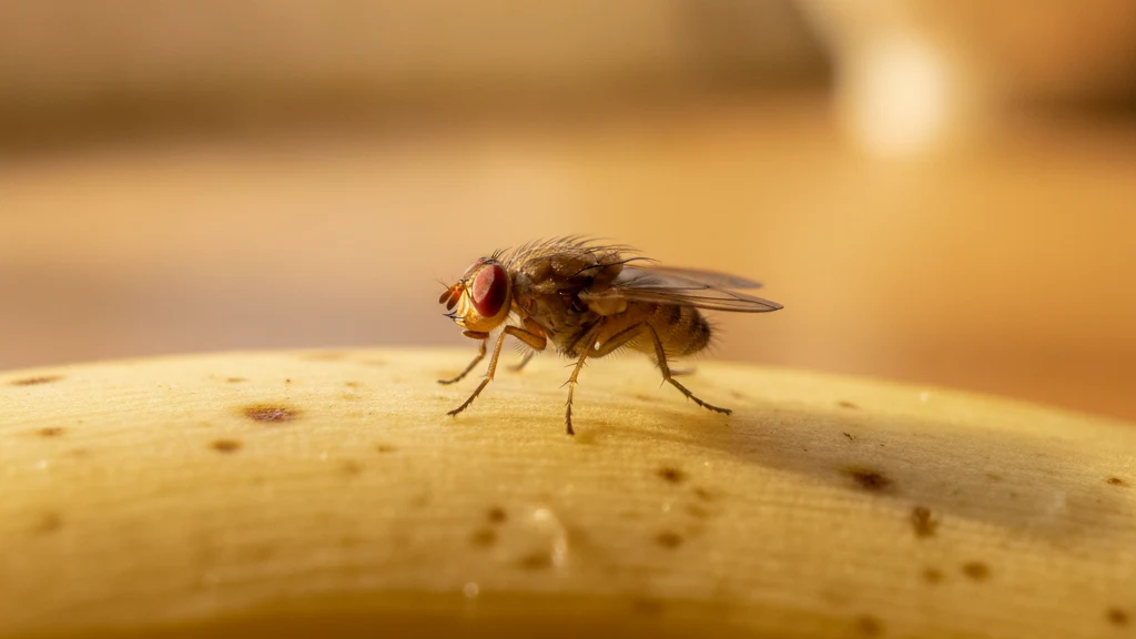 Fruit fly Fruit fly with a tan body and bright red eyes on the skin of overripe fruit