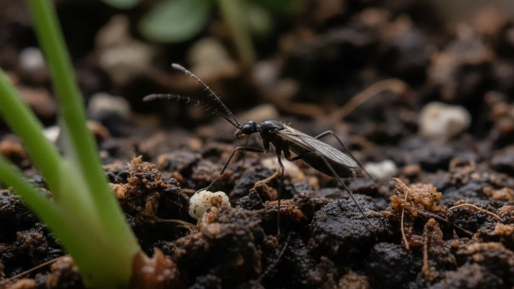Fungus gnat Fungus gnat on the damp soil surface of a potted houseplant