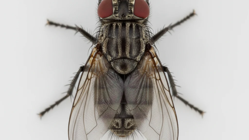 House fly Adult house fly showing the four dark stripes on its gray thorax and red compound eyes