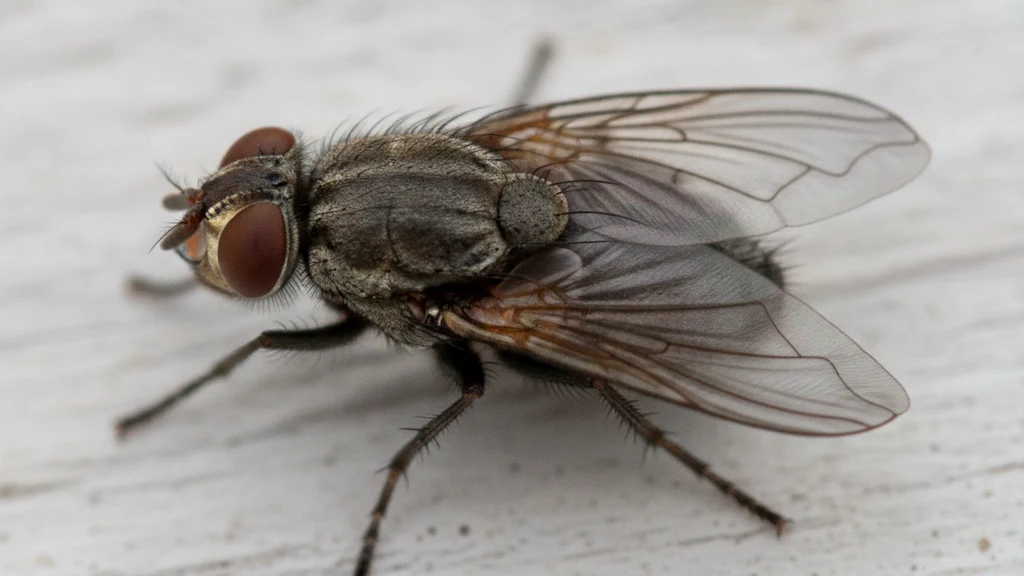 Little house fly Little house fly at rest with its wings held flat over the back, beside a house fly for scale