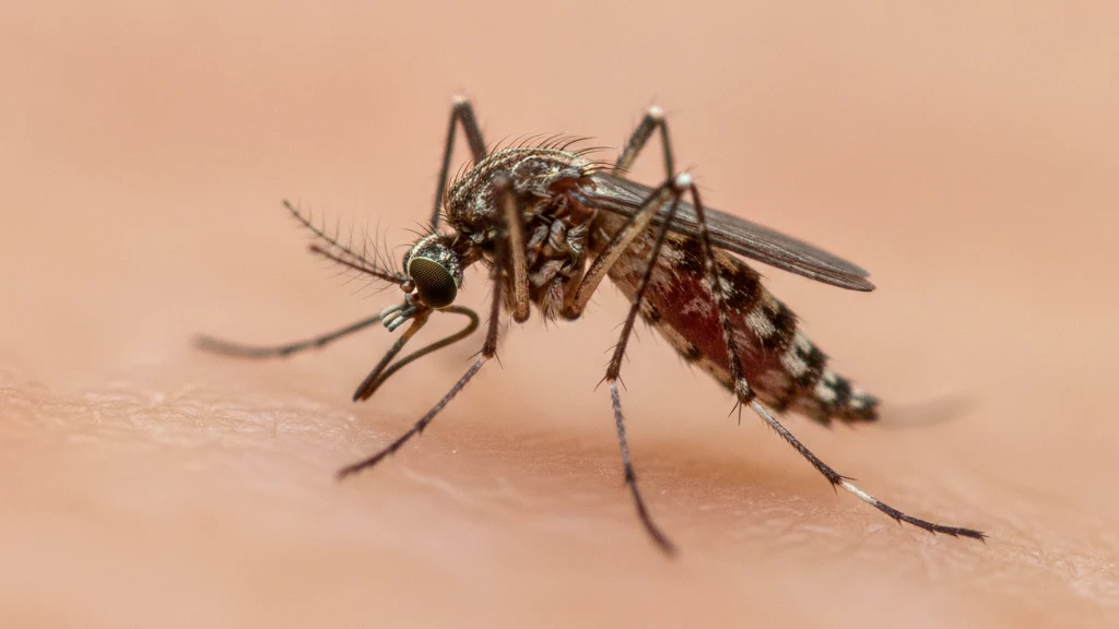 Mosquito Female mosquito resting on skin with its slender proboscis extended