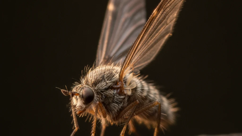 Sand fly Phlebotomine sand fly with a hairy body and wings held in a V above its back