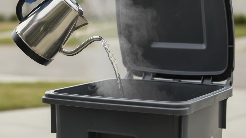Boiling water being poured from a kettle into an emptied outdoor garbage bin