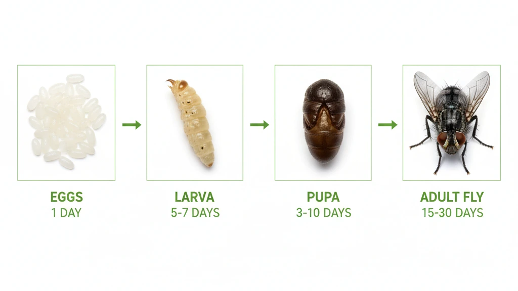 Diagram of the four fly life cycle stages: egg, larva, pupa, and adult fly, with typical duration for each