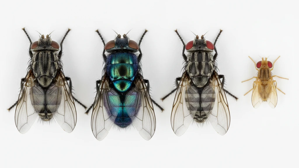 Side-by-side comparison of a house fly, blow fly, flesh fly, and fruit fly with labels