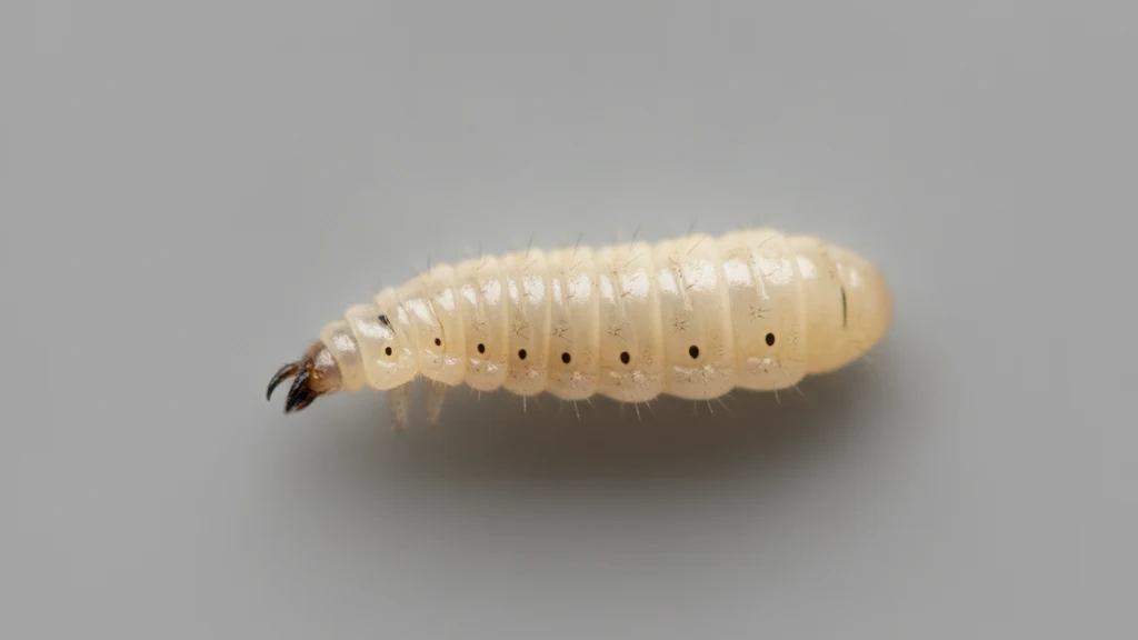 Close-up of a cream-colored house fly maggot showing its tapered head and segmented body