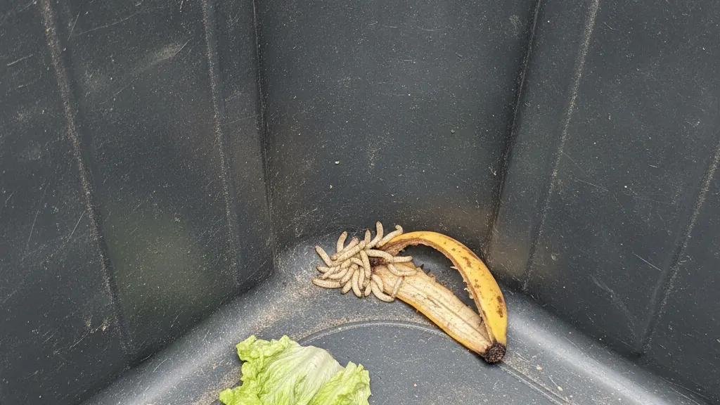 Maggots in the bottom of an outdoor garbage bin among food waste