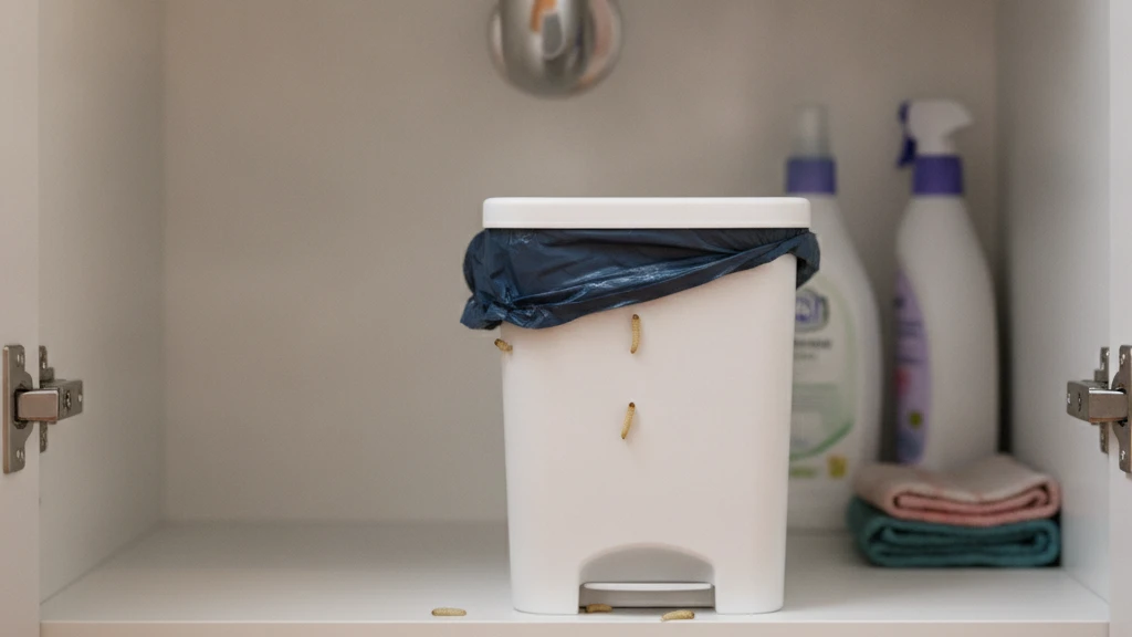 Maggots beneath a kitchen bin liner on the floor of an under-sink cabinet