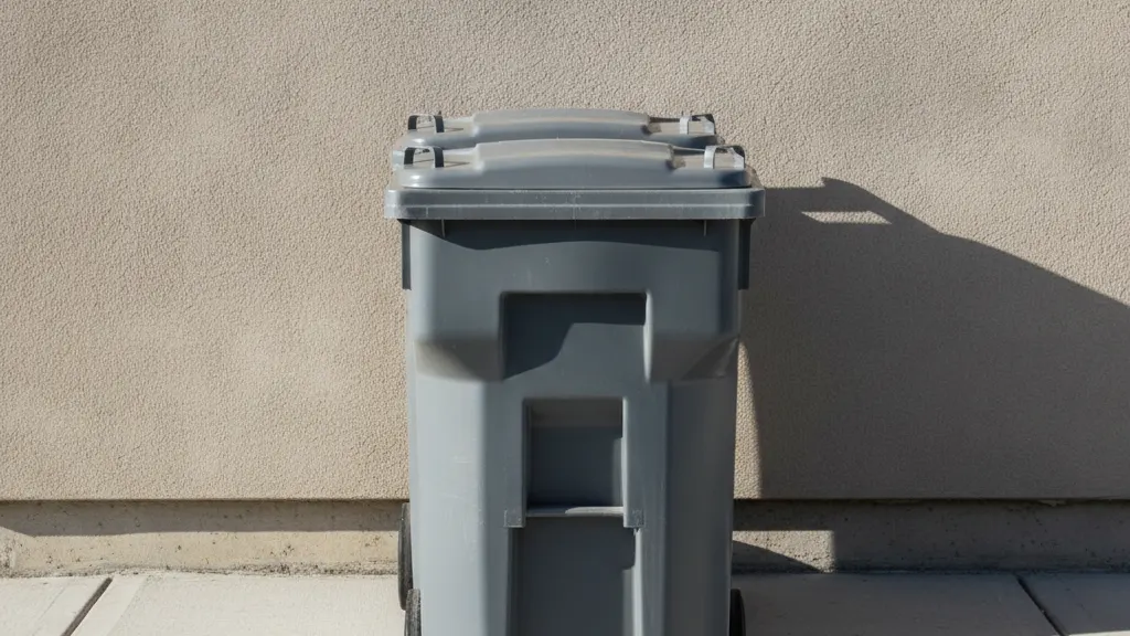 Outdoor garbage bin with a tightly sealed lid on a clean concrete pad beside a house