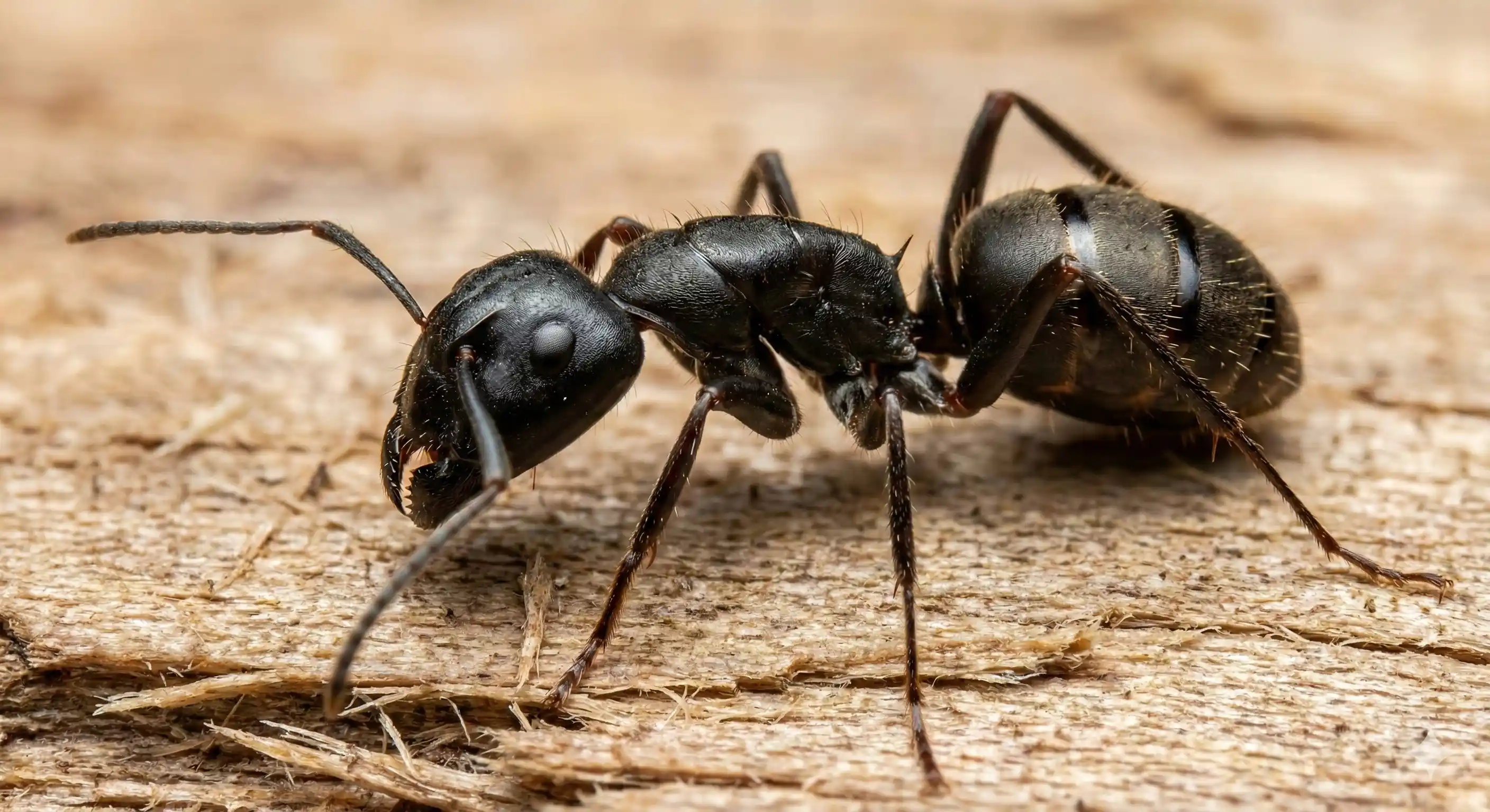 Professional carpenter ant control technician inspecting and treating wood structure for ant infestation
