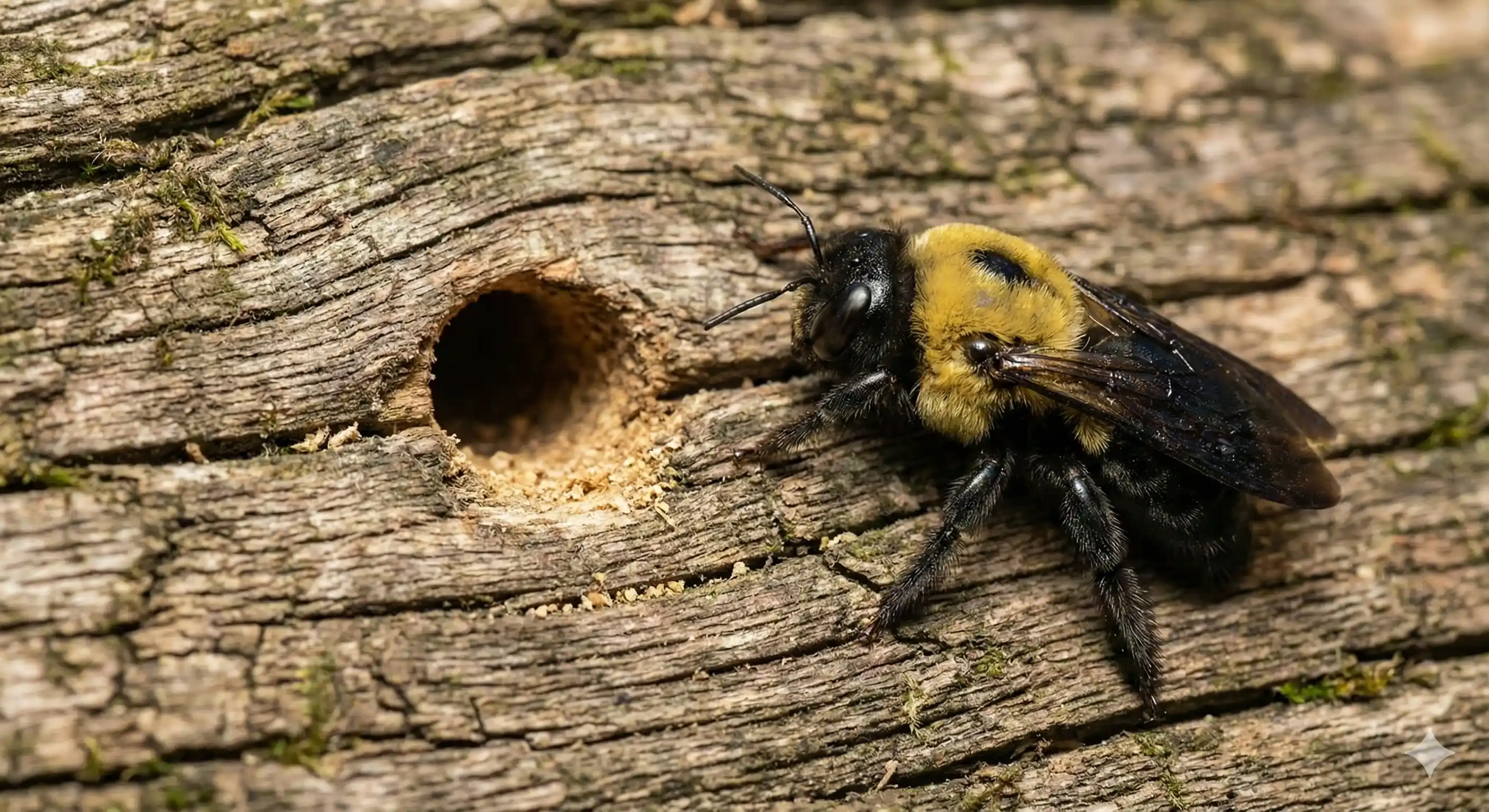 Professional carpenter bee control technician inspecting and treating wooden structure for carpenter bee infestation