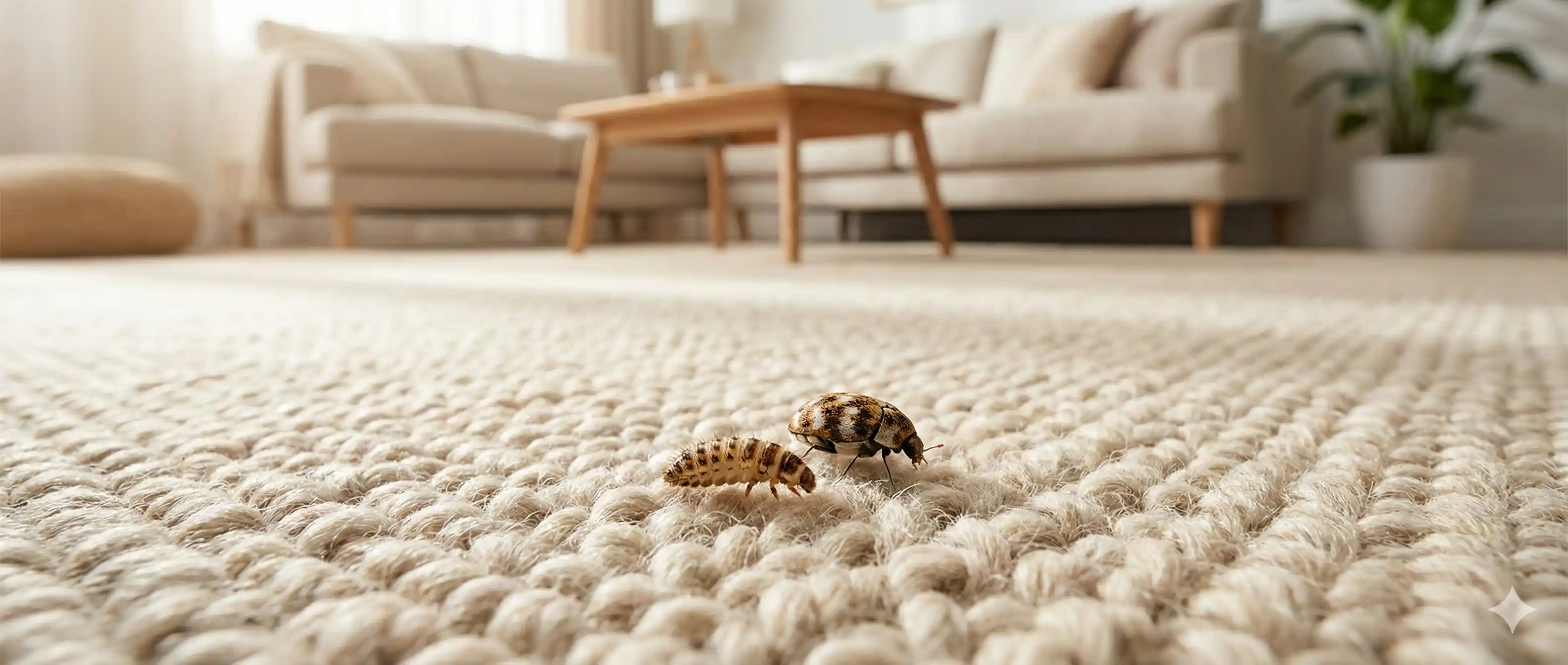 Professional carpet beetle control technician inspecting wool carpet and textiles for carpet beetle infestation