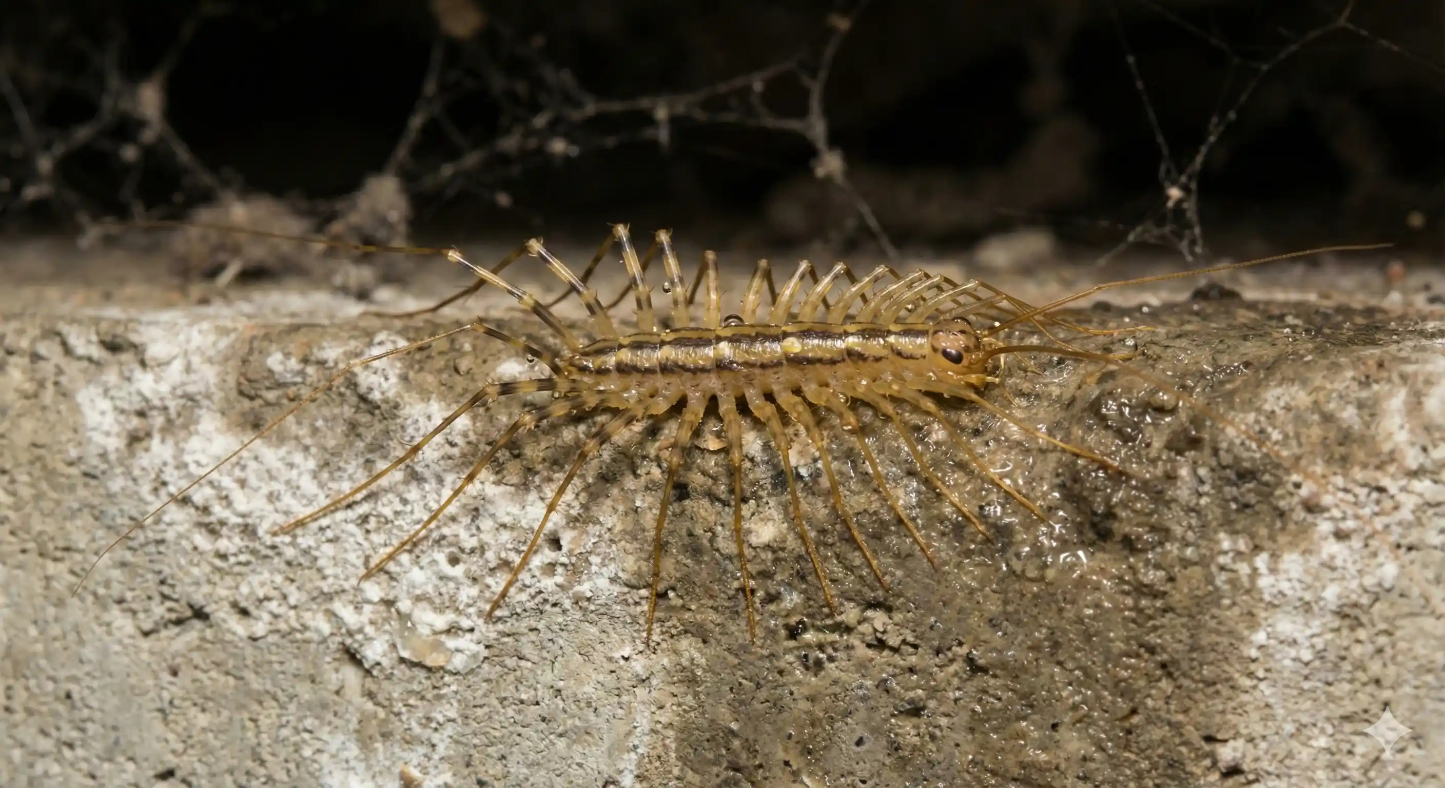 Professional centipede control technician inspecting basement area for centipede infestation and moisture issues