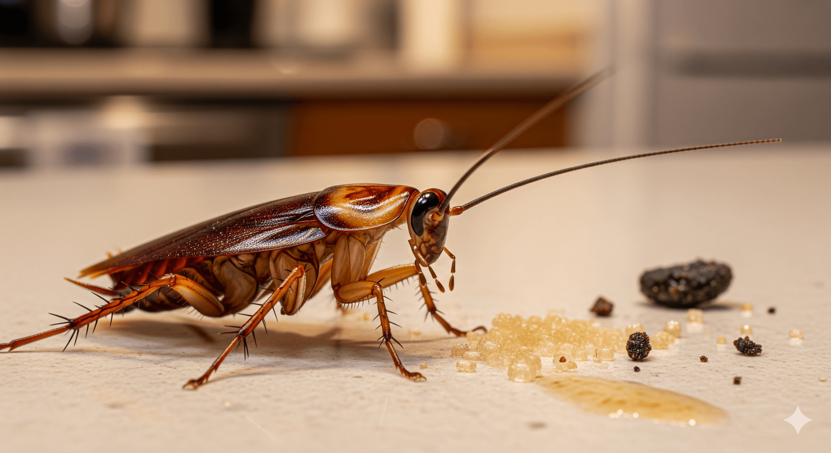 Cockroach eacting food on a kitchen counter top