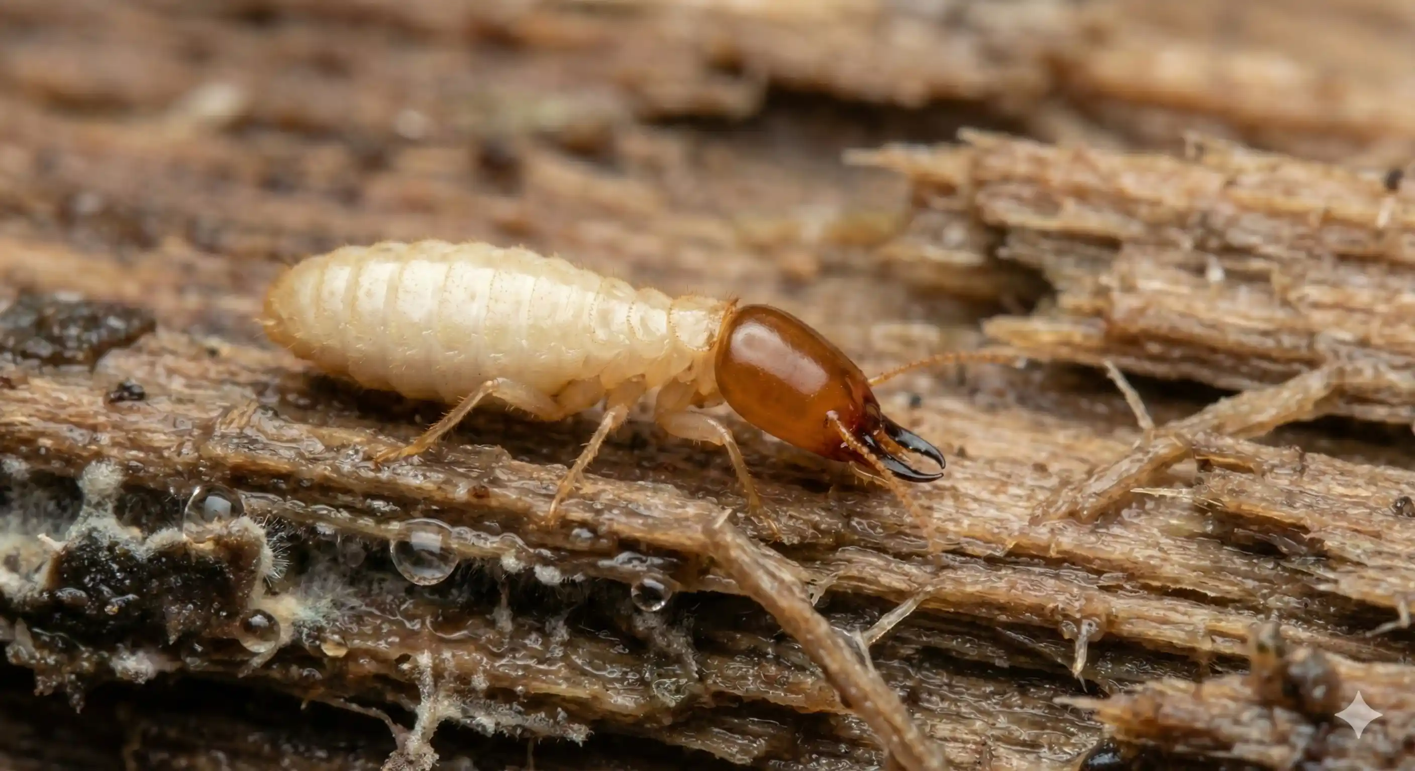Professional dampwood termite control technician inspecting and treating moisture-damaged wood structure