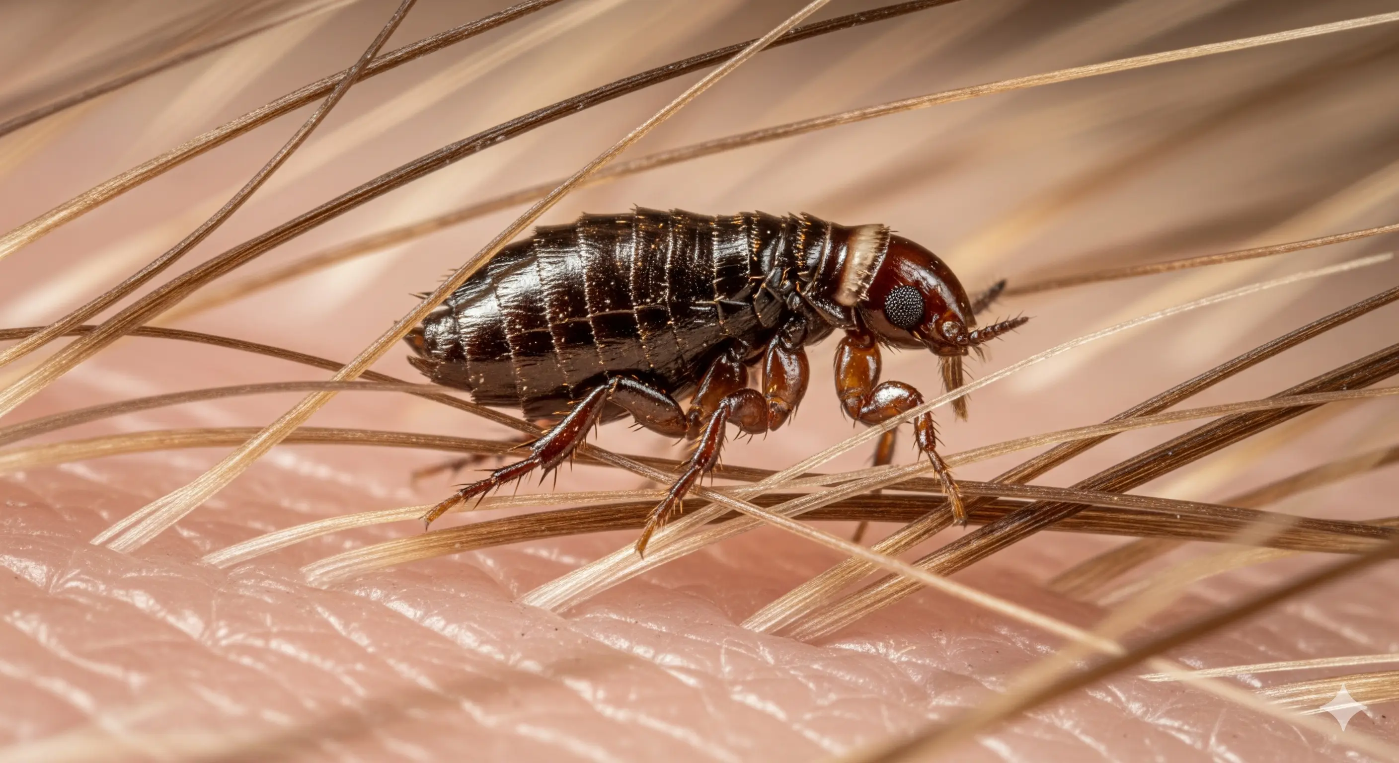 A flea seeking a place to feed in between the hairs of a dog