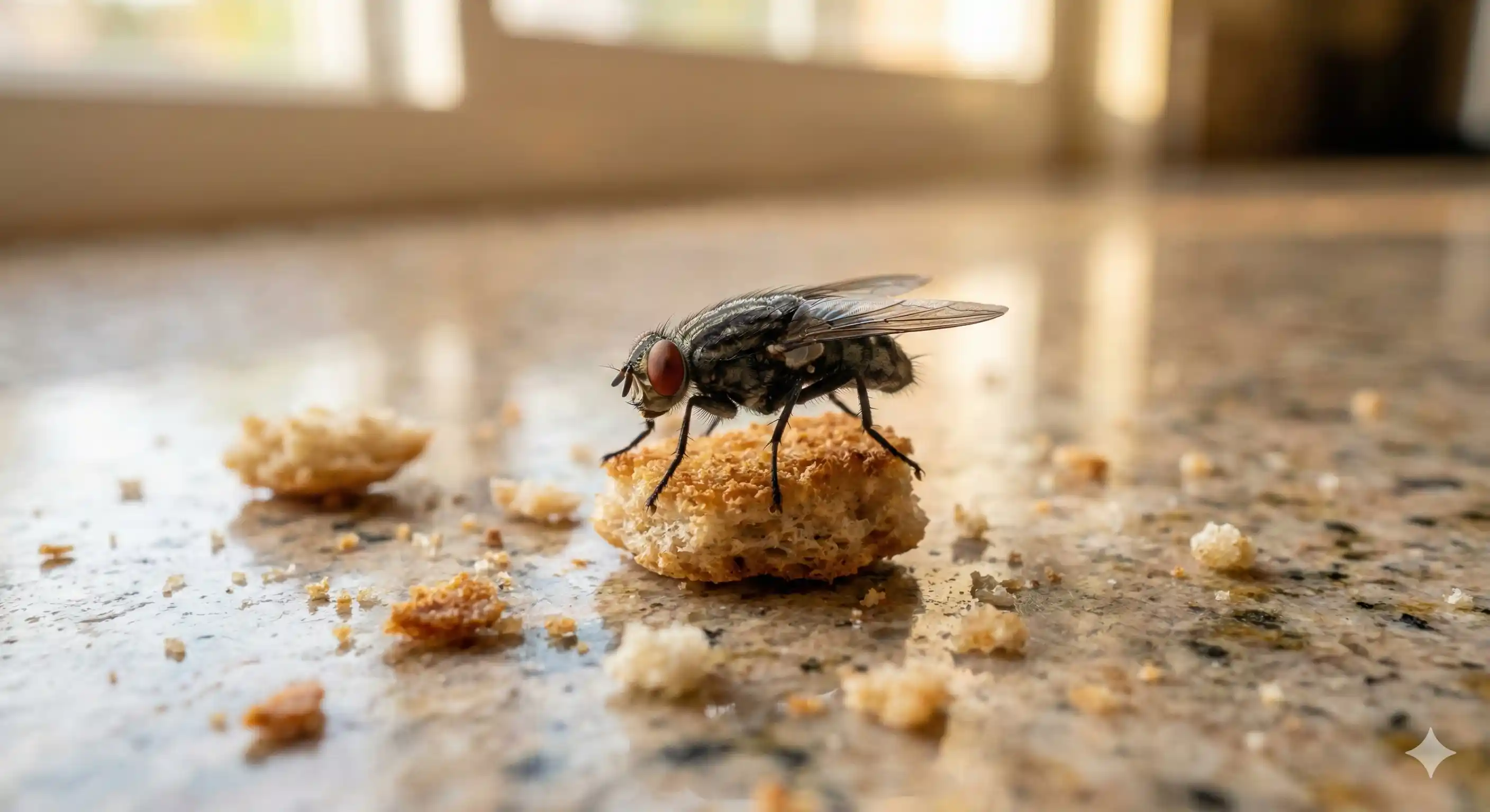 Professional fly control technician inspecting and treating home for fly infestation