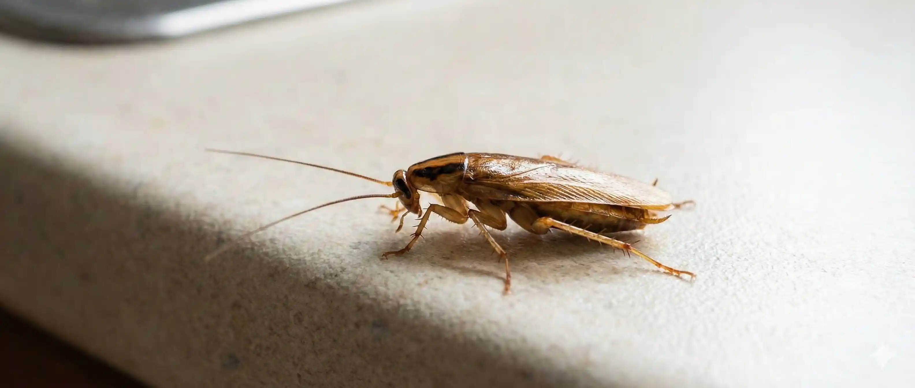 Professional German cockroach control technician inspecting and treating kitchen area for cockroach infestation