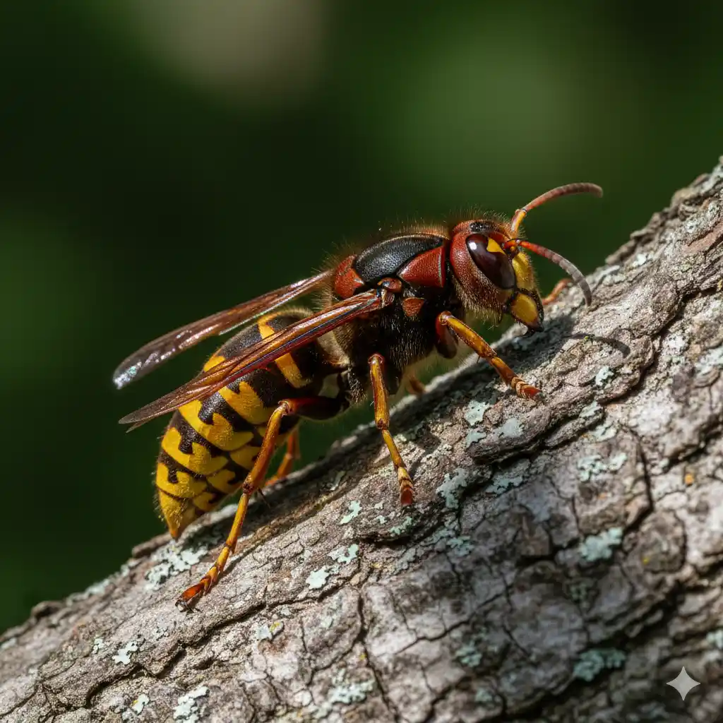Professional hornet control technician in protective gear removing hornet nest from residential property