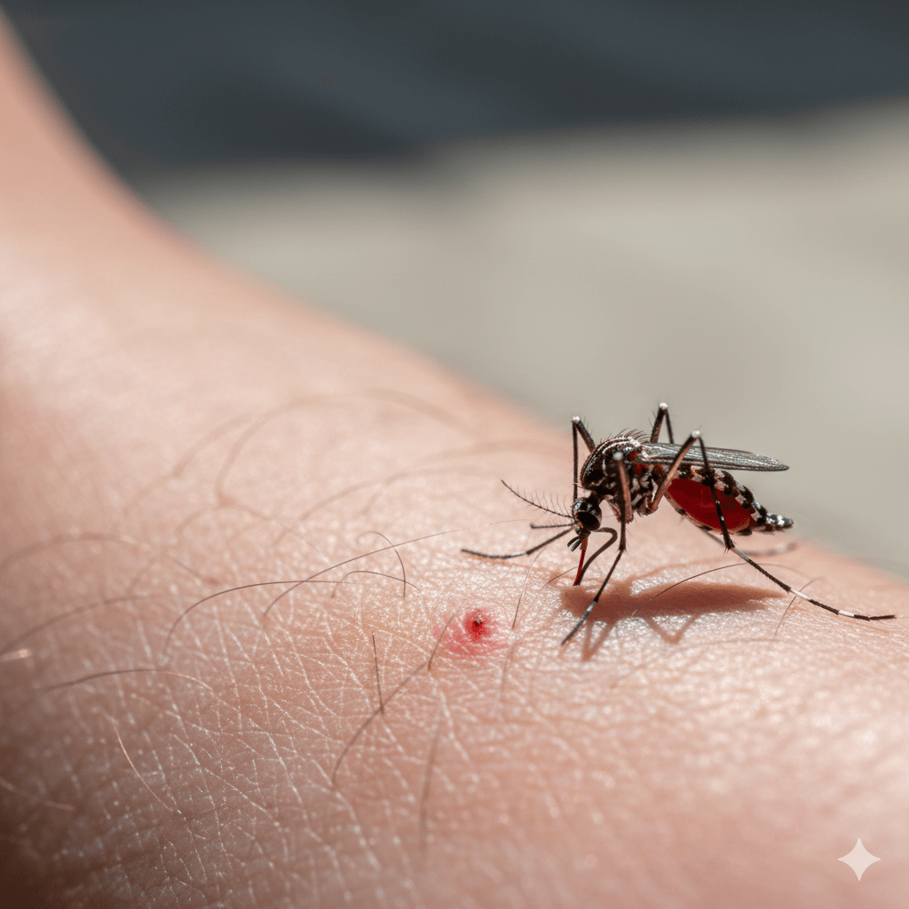 A mosquito positioning itself to feed on a human ankle