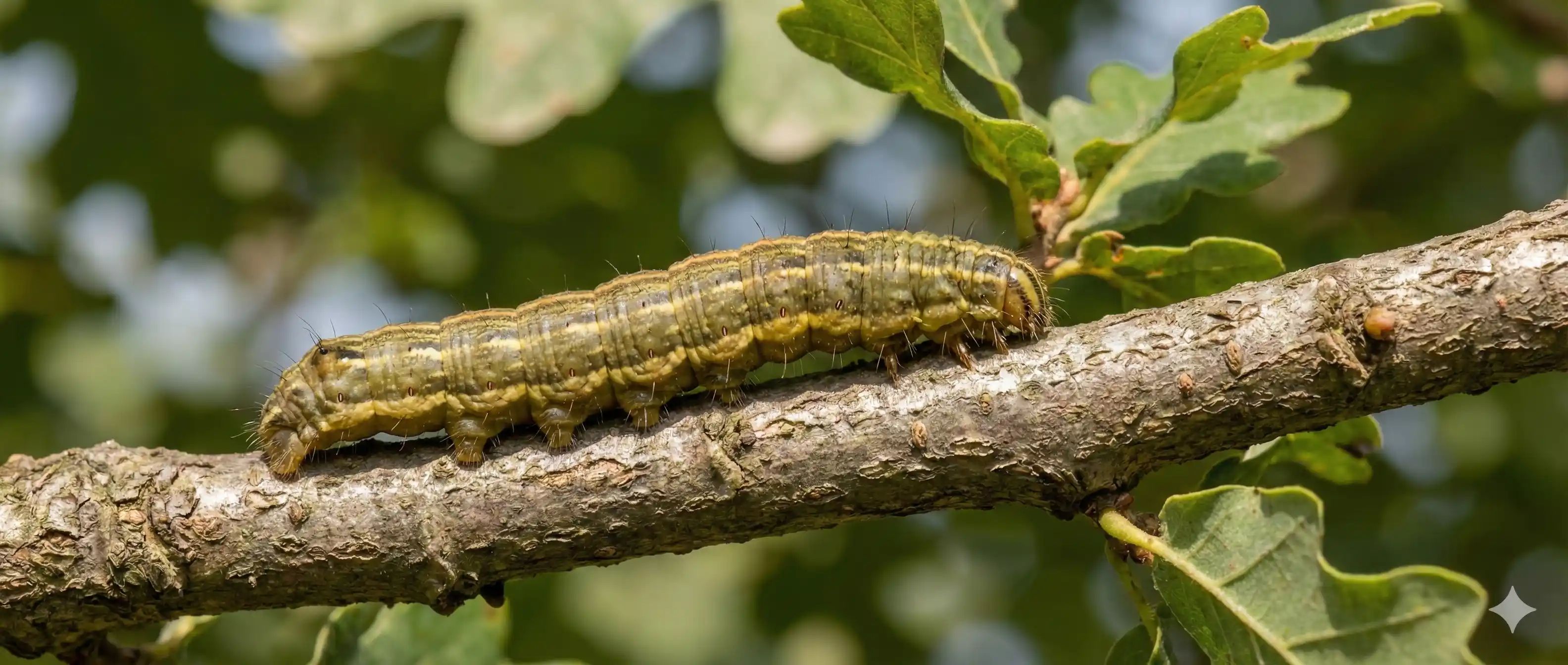 Professional oakworm control technician treating oak tree canopy for caterpillar infestation
