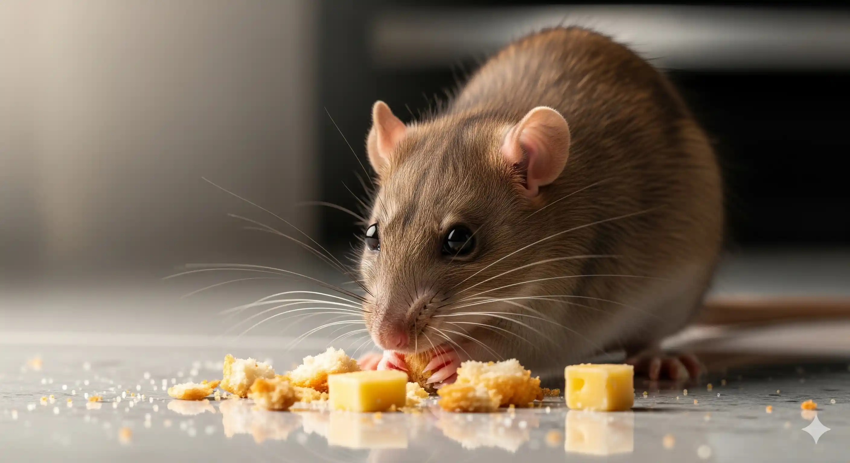 Rat eating some scraps and crumbs that were left out