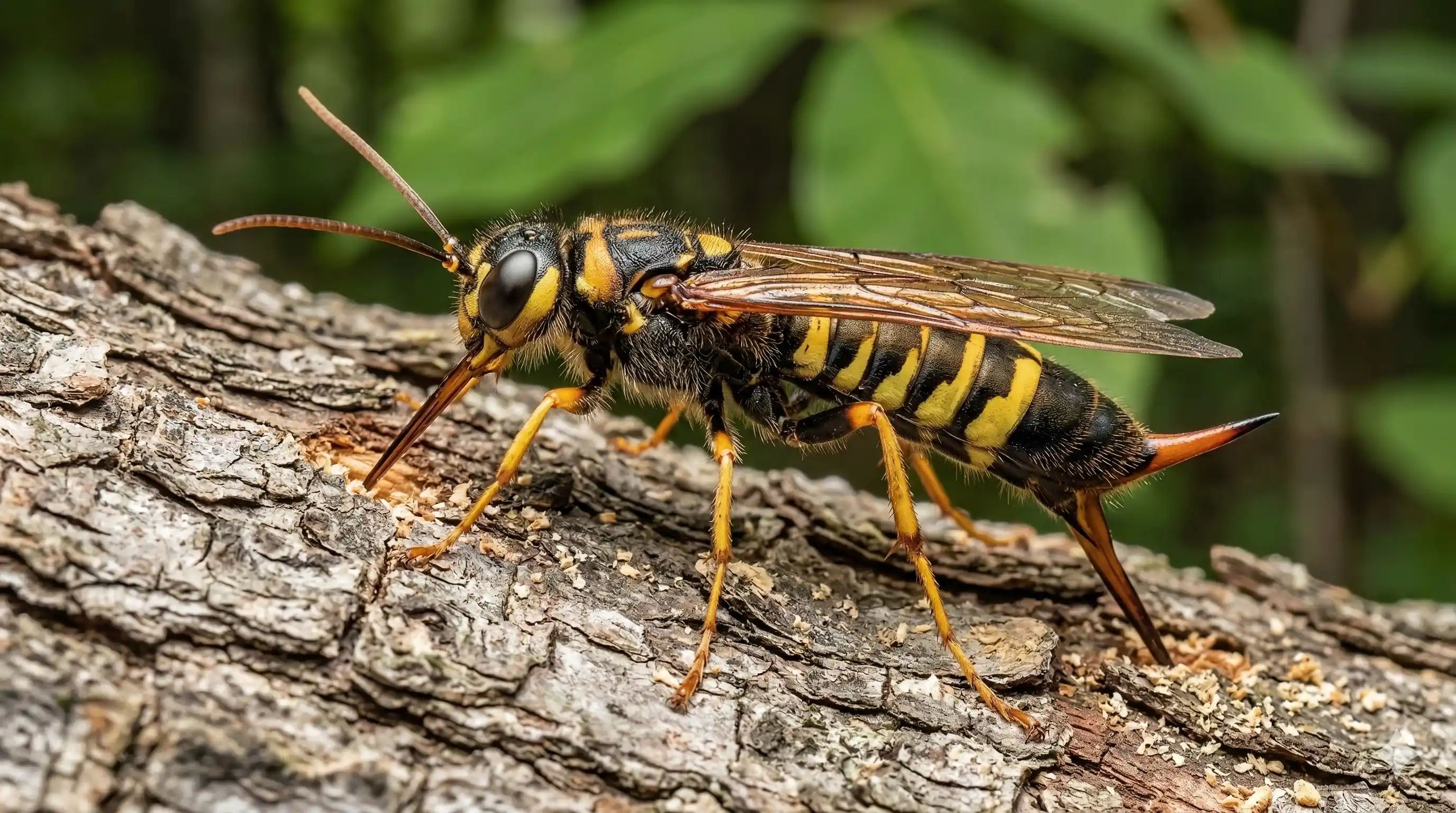 Horntail wood wasp with robust body and distinctive horn-like projection