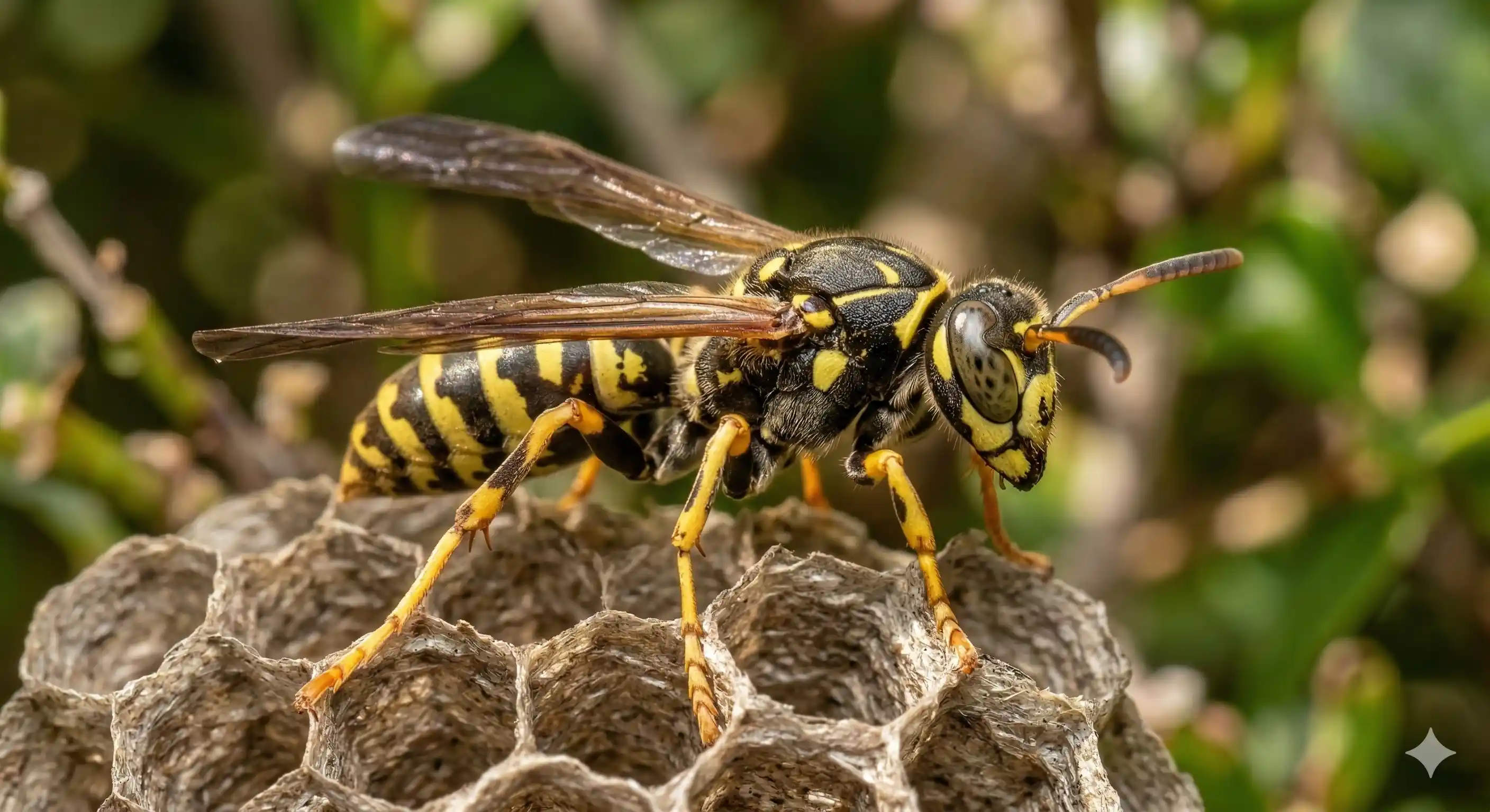 Paper wasp with dark brown body black wings and yellow markings on nest