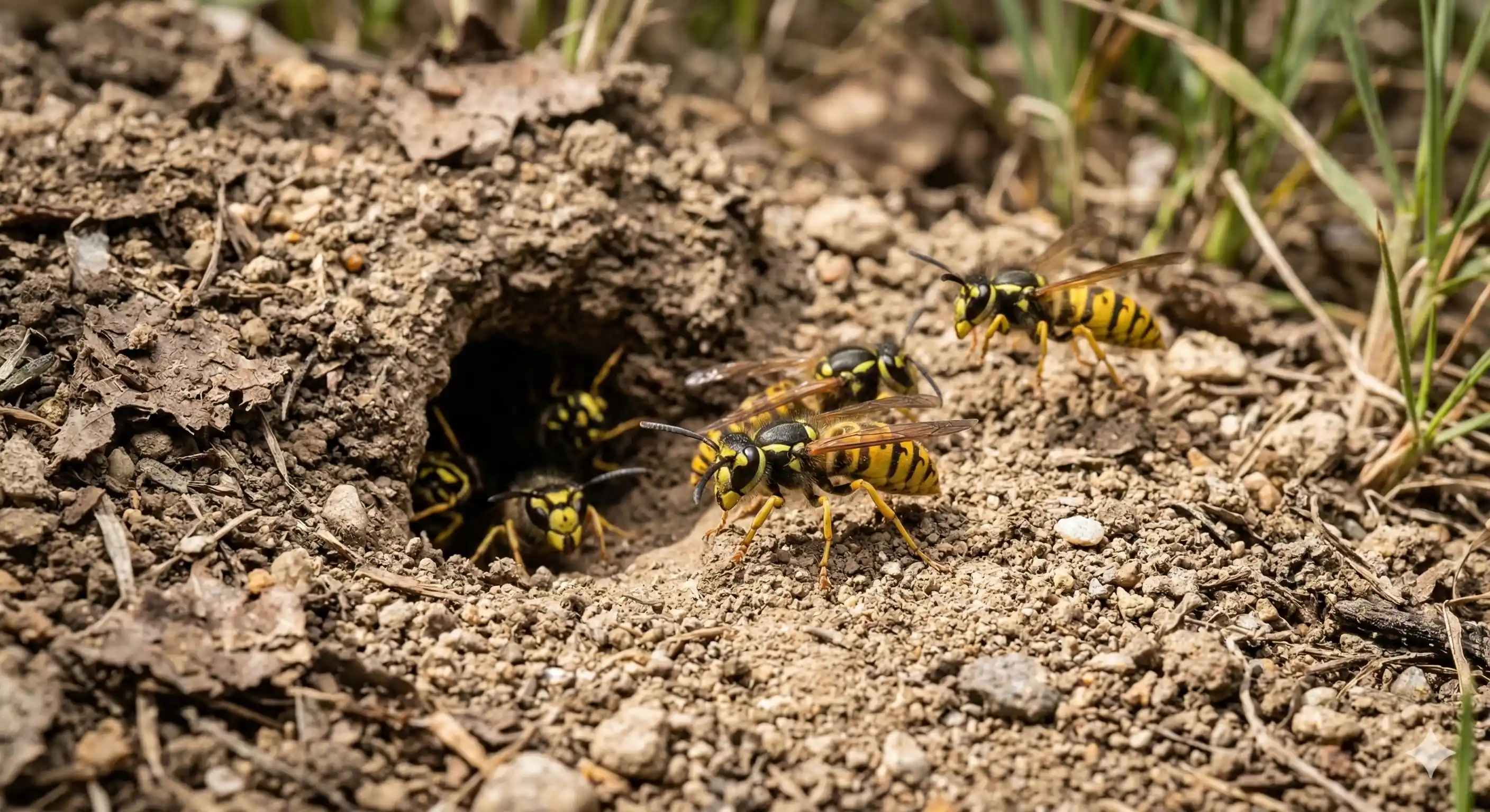 Yellow jacket wasp showing characteristic yellow and black striped pattern with narrow waist