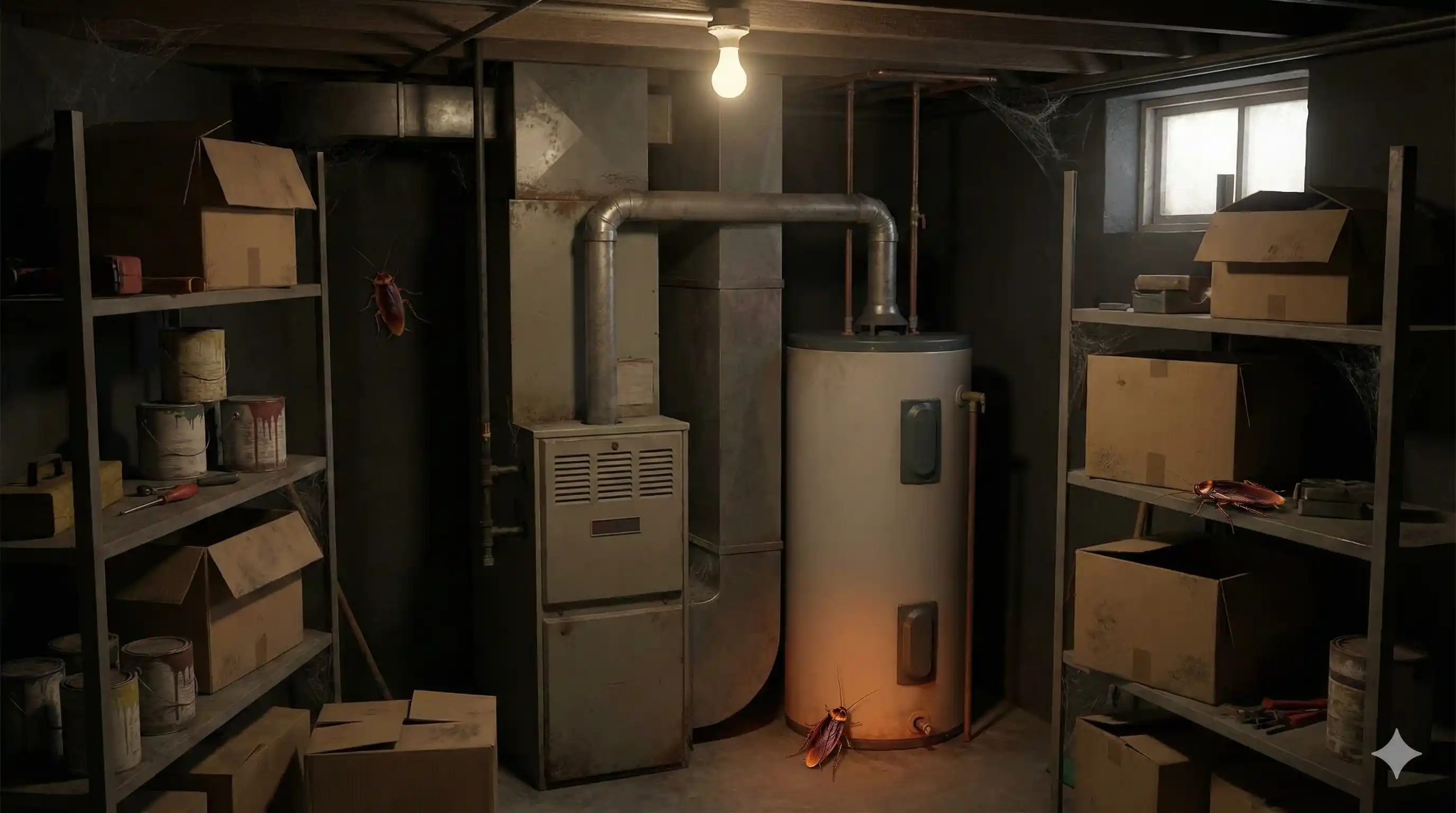 Dark basement or utility area providing shelter for American cockroaches