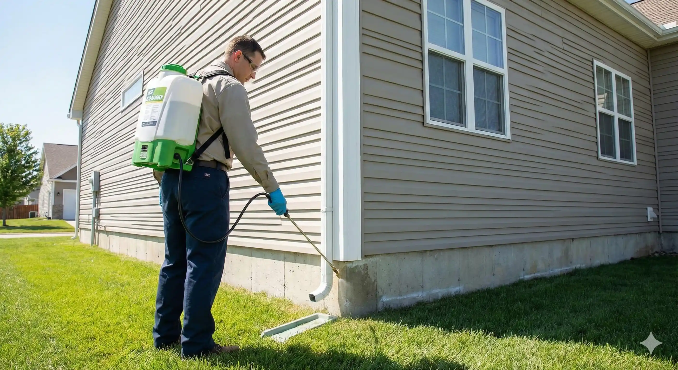 Technician applying eco-friendly barrier treatment around property perimeter